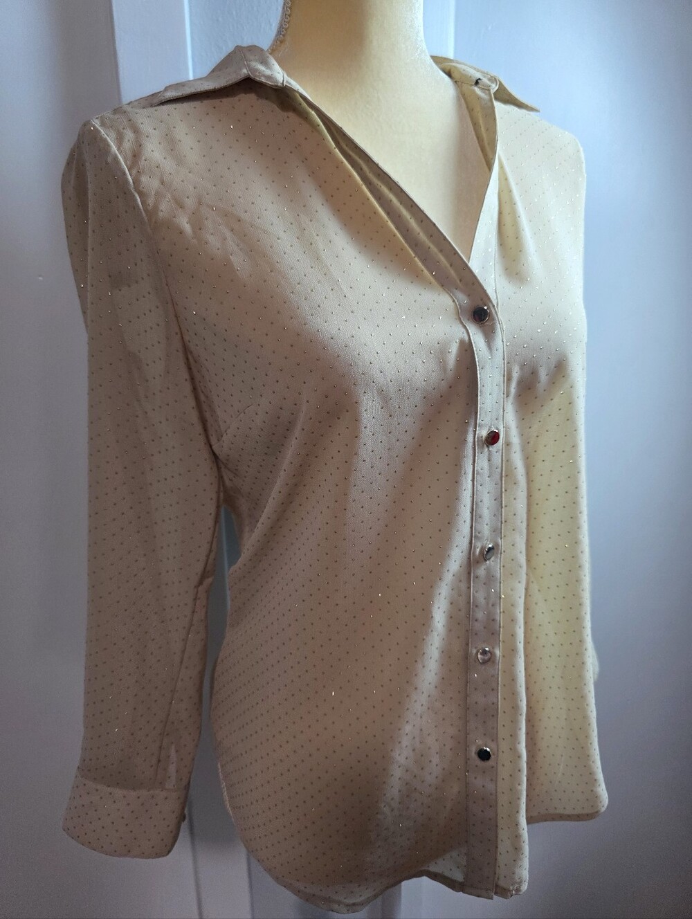 Caché Button Down Blouse Small Cream Beige Gold Glitter Micro Polka Dot